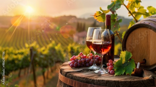 Wine glass grape with background of grape plantation winery