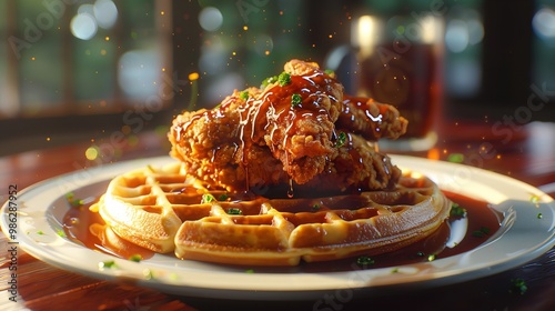 Chicken and waffles fried chicken on top of a waffles photo