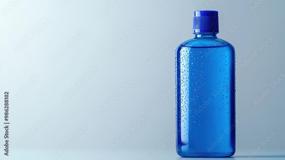 Blue Plastic Bottle with Water Droplets and Blue Cap on a Minimalistic Light Background. Mock up. Mockup. Mock-up. Blue Plastic Bottle with Water Droplets and Blue Cap on a Minimalistic Light Background. Mock up. Mockup. Mock-up.