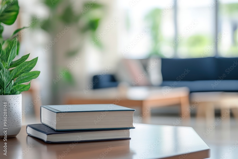 Workspace tabletop with books and copy space in front of blurred living room background with generative ai Workspace tabletop with books and copy space in front of blurred living room background with generative ai