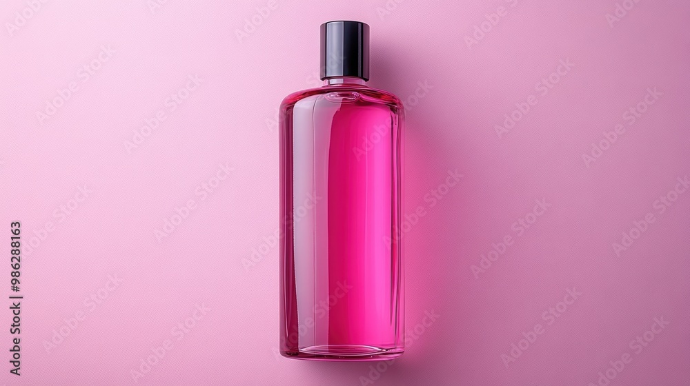 Pink Cosmetic Bottle with Black Cap on a Smooth Pink Background for Beauty and Skincare Products. Mockup. Mock up. Mock-up. Pink Cosmetic Bottle with Black Cap on a Smooth Pink Background for Beauty and Skincare Products. Mockup. Mock up. Mock-up.