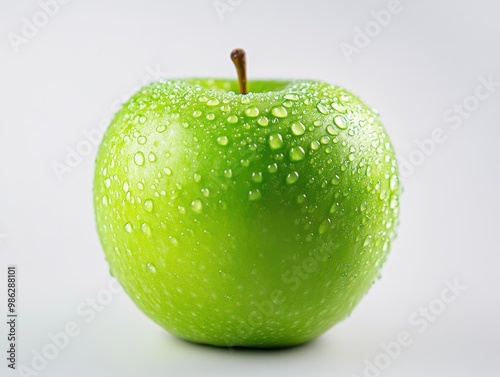 Fresh Green Apple with Water Droplets on a White Background Highlighting its Crispness.