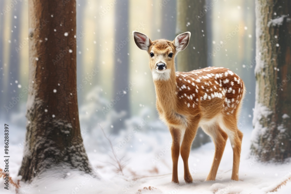 A male of fallow deer with grate antlers standing on the snow A male of fallow deer with grate antlers standing on the snow