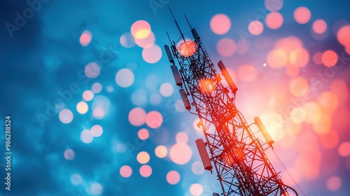 A vivid image of a telecommunications tower against a blue background, illuminated by colorful bokeh lights, symbolizing connectivity and technology.