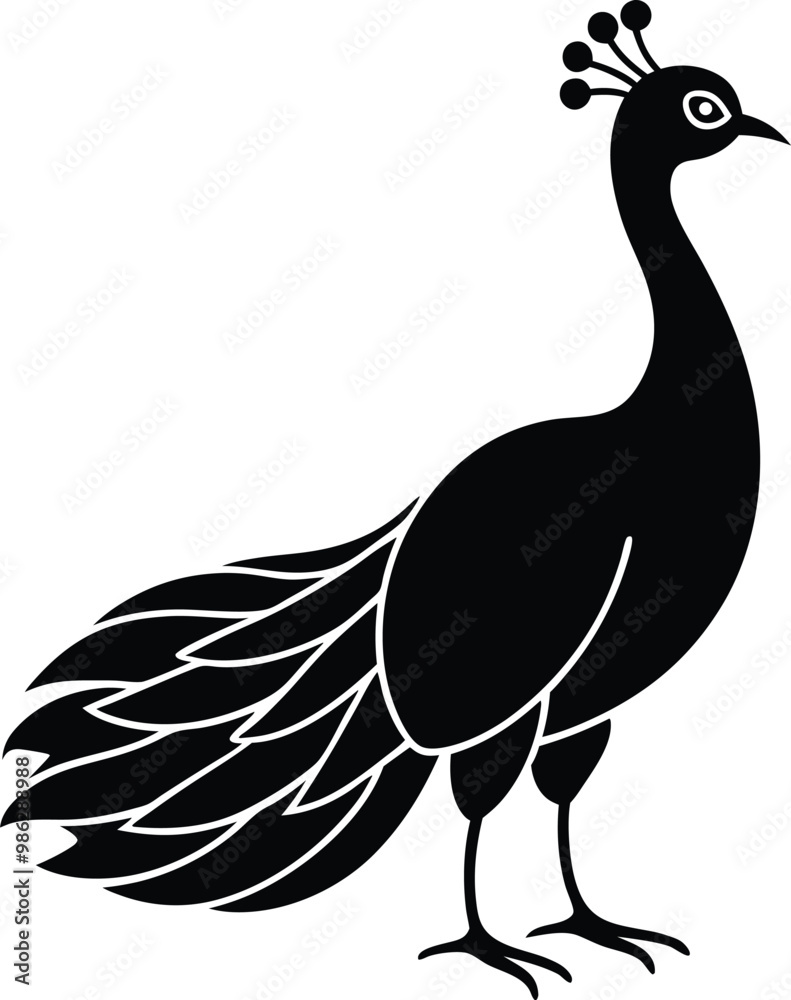 Fototapeta premium A peacock silhouette vector art with smooth illustration, solid black peacock with no background design.