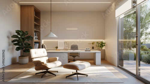 A modern home office featuring light furniture and clean lines, creating serene workspace. design includes comfortable chair, stylish desk, and greenery for refreshing atmosphere