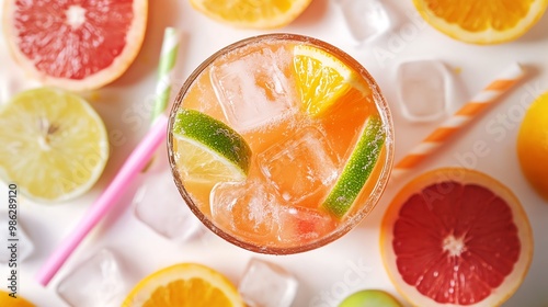 Colorful fruit cocktail with ice, featuring citrus slices and a straw, perfect for summer refreshment and vibrant gatherings. photo