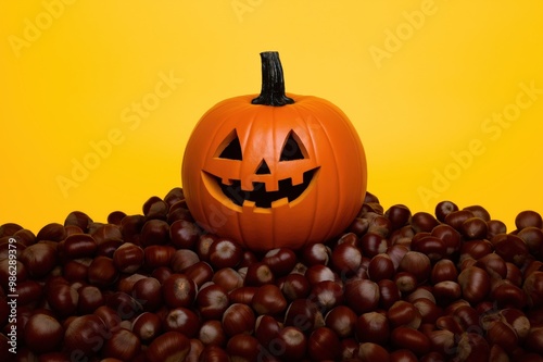 Carved Halloween pumpkin surrounded by chestnuts on a yellow background photo