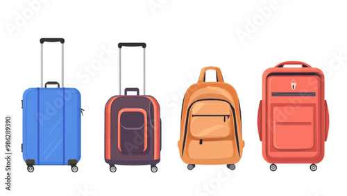 Set of travel bags including suitcase, backpack, duffel bag, and handbag isolated on transparent background, PNG file