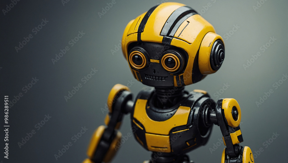 A cute, small, yellow astronaut robot with a simplistic face and backpack on a monochrome background. A cute, small, yellow astronaut robot with a simplistic face and backpack on a monochrome background.