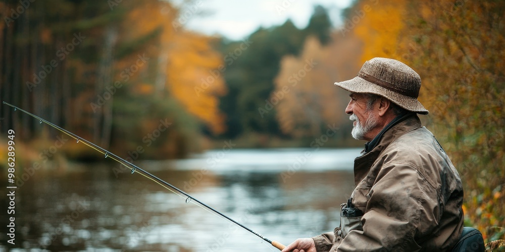 A senior man fishing by a peaceful river, the quiet stillness of nature around him, as he enjoys a simple retirement activity A senior man fishing by a peaceful river, the quiet stillness of nature around him, as he enjoys a simple retirement activity