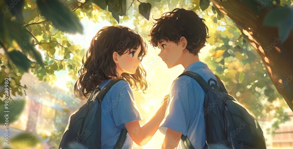 Obraz premium Anime Illustration of a Boy and Girl Holding Hands, Facing Each Other in a Schoolyard, Surrounded by Sunlight Filtering Through Leaves.