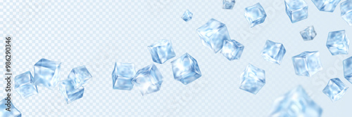 Realistic flying transparent ice cube background. 3D vector icy pieces beverage or drinks ads concept.