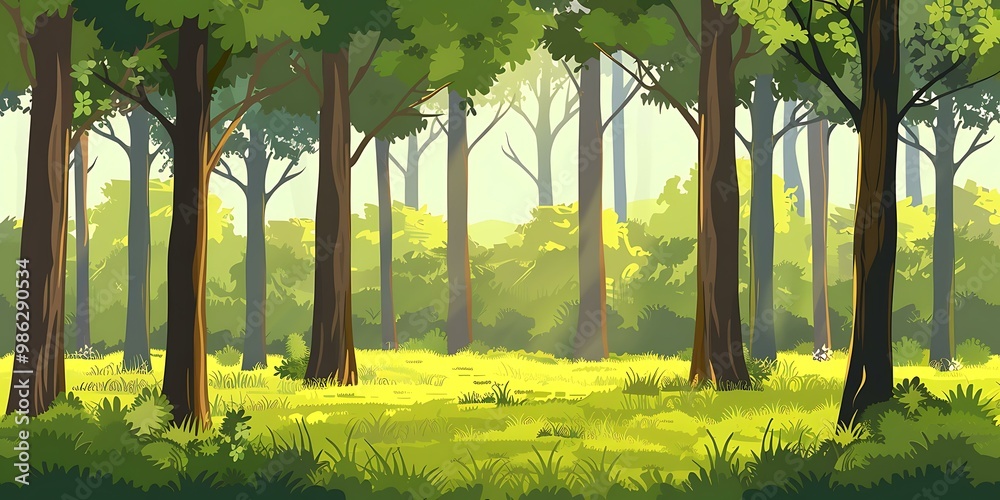 Fototapeta premium Green Forest Illustration With Sunlight Shining Through The Trees