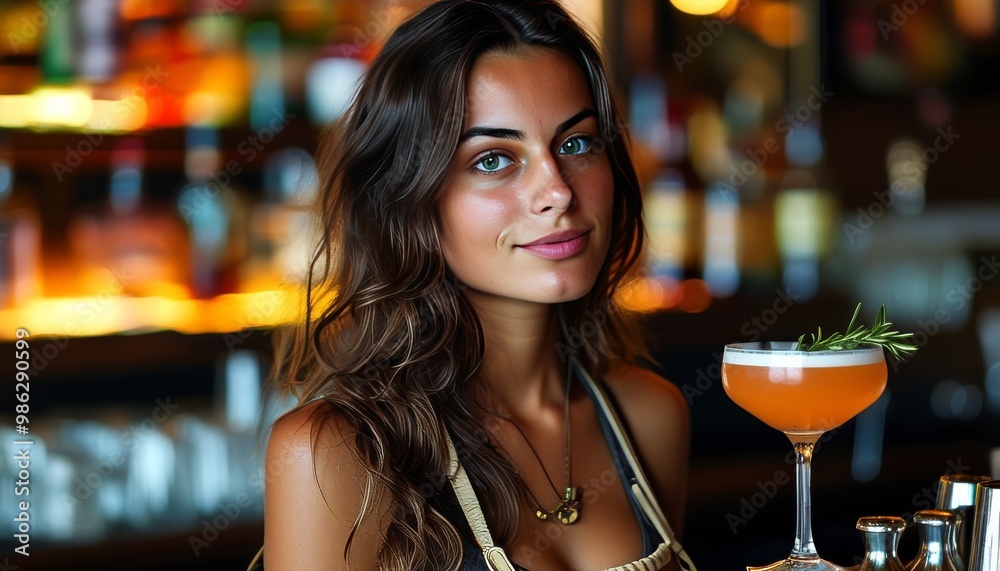 Young bartender smiling with cocktail in stylish bar setting Young bartender smiling with cocktail in stylish bar setting