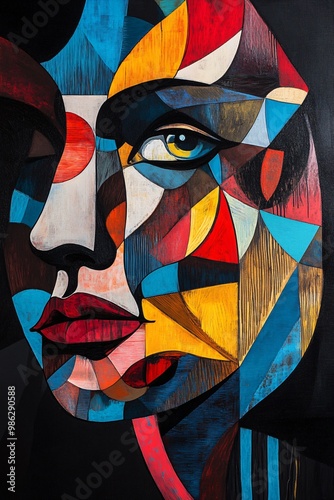 Abstract portrait painting of a woman with colorful geometric shapes. photo