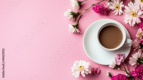 Cup of Coffee with Flowers on Pink Background