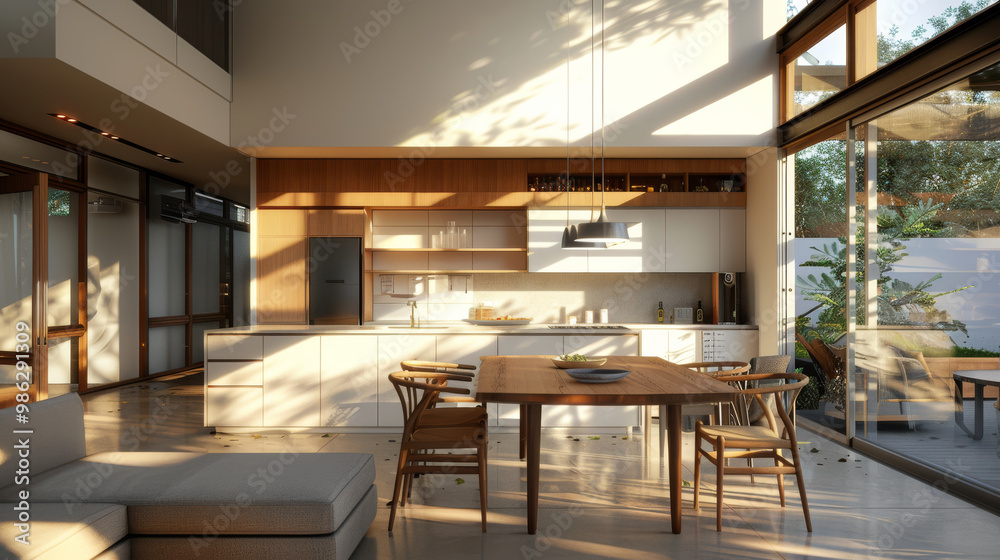 A bright and airy open kitchen features dining table with chairs, surrounded by natural light and greenery. modern design creates warm and inviting atmosphere A bright and airy open kitchen features dining table with chairs, surrounded by natural light and greenery. modern design creates warm and inviting atmosphere