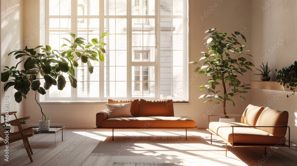 A bright and airy living room featuring large windows and lush indoor plants, creating serene and inviting atmosphere. warm tones of furniture enhance cozy feel of space A bright and airy living room featuring large windows and lush indoor plants, creating serene and inviting atmosphere. warm tones of furniture enhance cozy feel of space