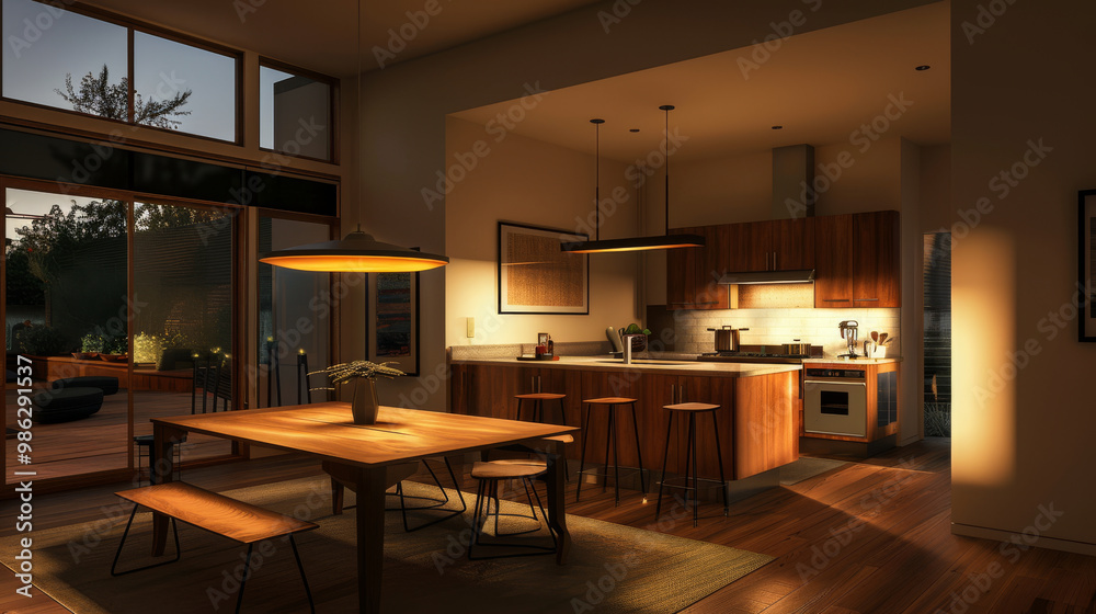 A modern open kitchen featuring dining table, bar stools, and warm lighting creates cozy atmosphere. design blends functionality with style, perfect for gatherings A modern open kitchen featuring dining table, bar stools, and warm lighting creates cozy atmosphere. design blends functionality with style, perfect for gatherings