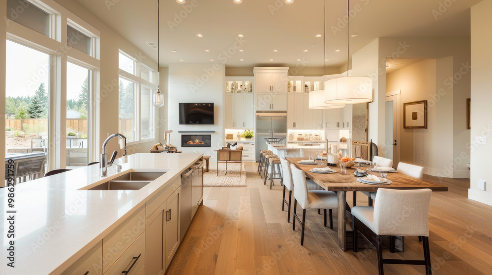 Fototapeta premium A modern open kitchen featuring sleek cabinets, large island, and spacious dining area. design emphasizes natural light and warm, inviting atmosphere, perfect for gatherings
