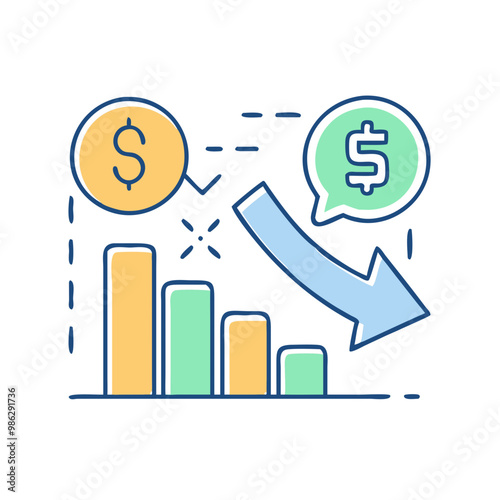 Loss icon with downward symbol and arrow, symbol of negative outcome or deficit, minimalist style