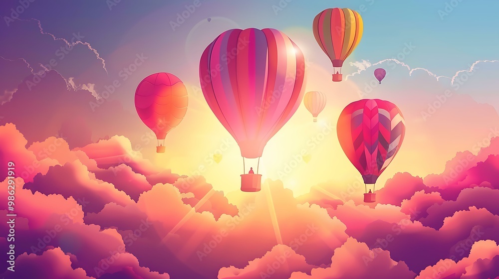 Fototapeta premium Colorful Hot Air Balloons Flying in the Sky with Clouds and Sun