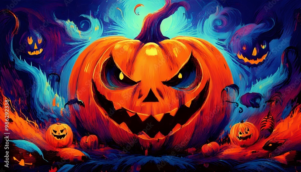 digital art painting of Jack-o'-lantern, carved pumpkin with spooky face for halloween theme digital art painting of Jack-o'-lantern, carved pumpkin with spooky face for halloween theme