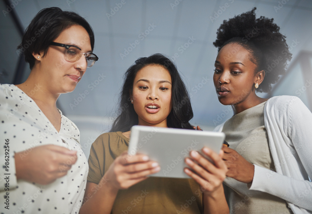 Women, tablet and shocked in office for information, breaking news and report on internet. Journalist team, tech and surprised in agency for media update, notification and announcement on website Women, tablet and shocked in office for information, breaking news and report on internet. Journalist team, tech and surprised in agency for media update, notification and announcement on website