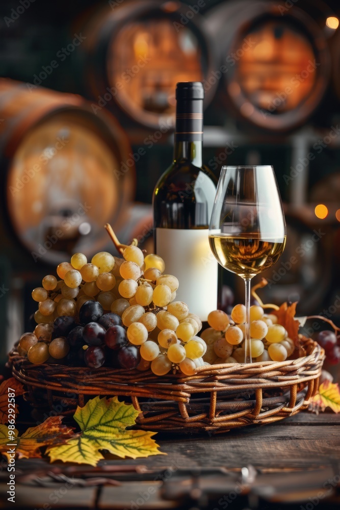 Obraz premium Fresh grape, grape wine bottle and glass in vintage wine cellar with wine barrels