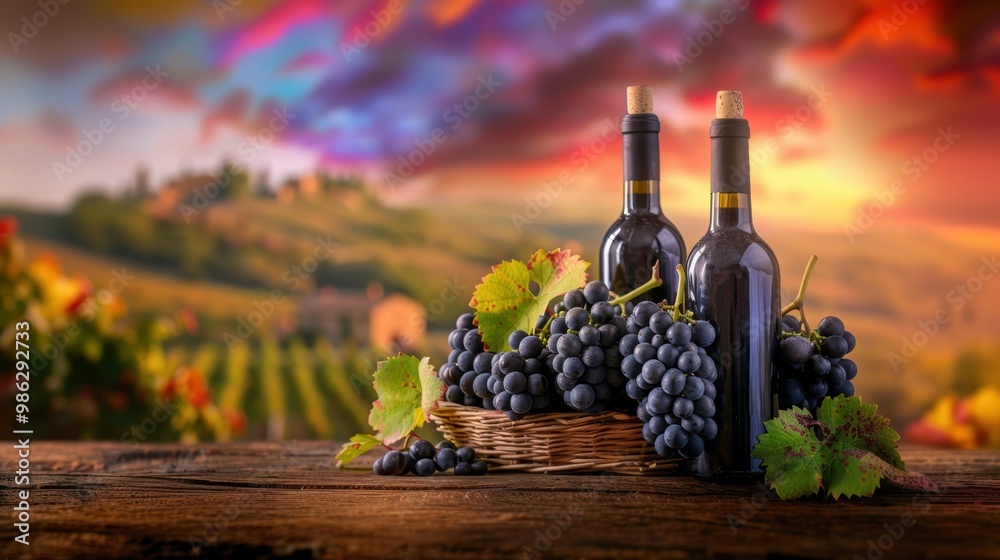 Fototapeta premium Wine glass grape with background of grape plantation winery