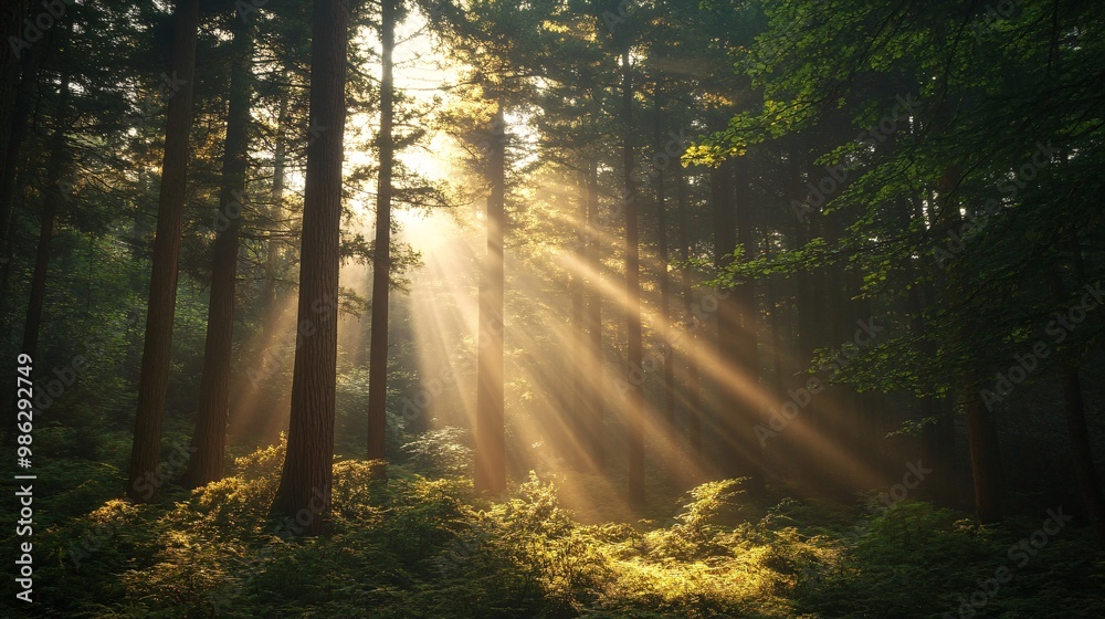 Fototapeta premium Sunbeams Illuminating a Misty Forest Floor