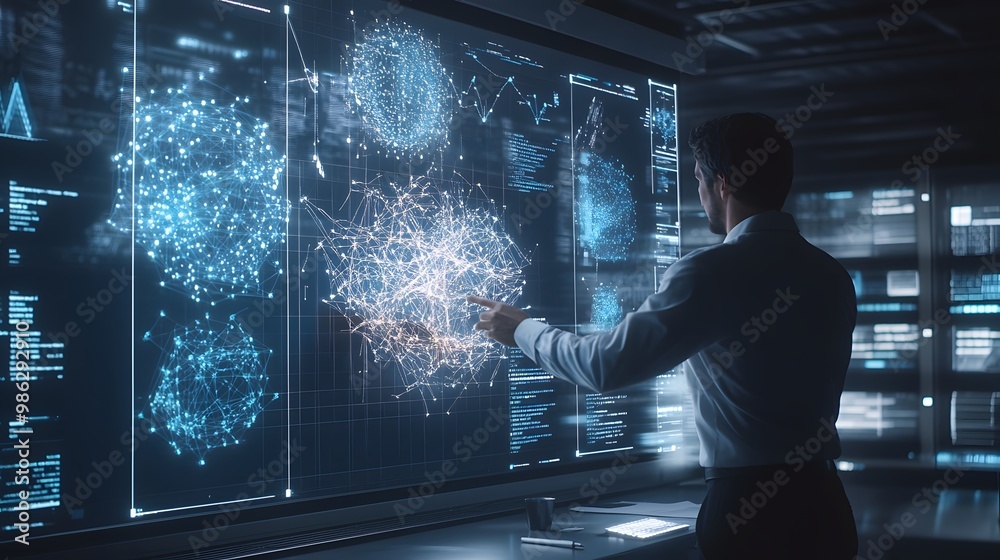Man Interacting with Data Visualization on a Large Screen