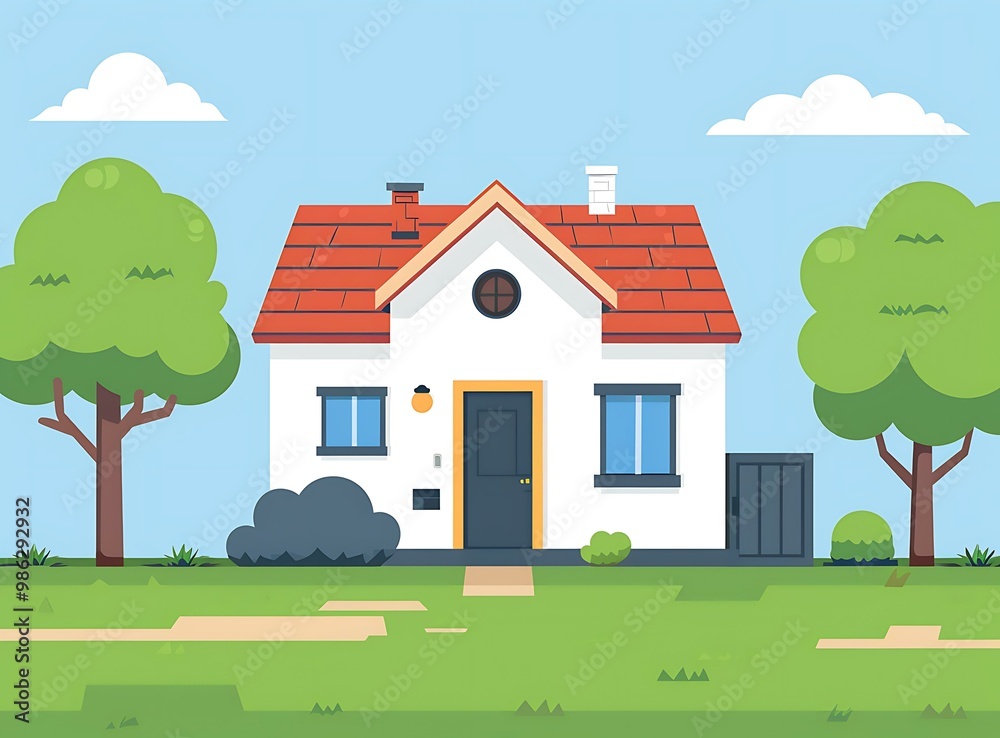 Naklejka premium Cartoon Illustration of a White House with Red Roof
