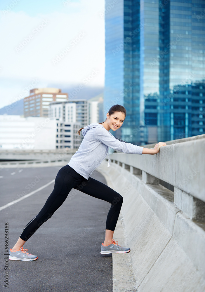 Woman portrait, city and warm up for exercise on street, bridge challenge and cardio workout. Female person, stretching and urban town for muscle relief, outdoor and athlete for start of training Woman portrait, city and warm up for exercise on street, bridge challenge and cardio workout. Female person, stretching and urban town for muscle relief, outdoor and athlete for start of training