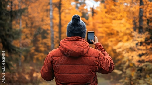 Man Taking Photo of Autumn Foliage in Forest