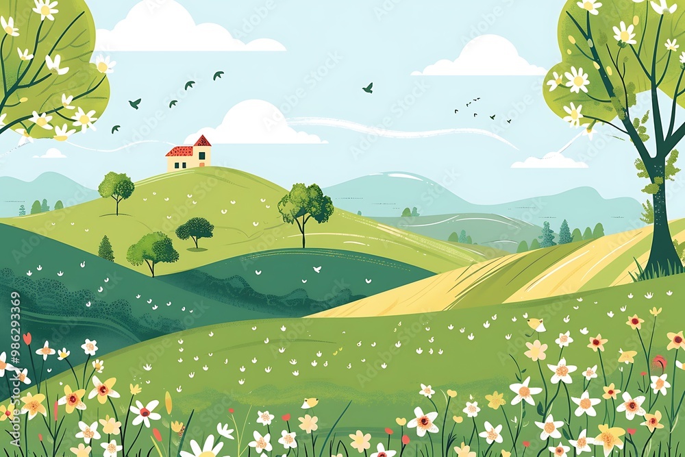 Fototapeta premium Spring Landscape With Green Hills and a Small House