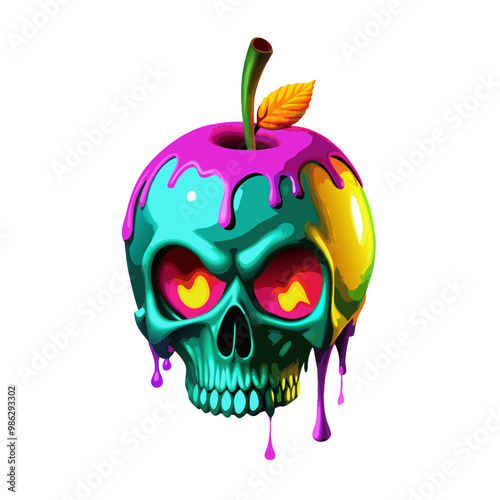Poison apple with skull face and colorful dripping liquid, spooky Halloween illustration