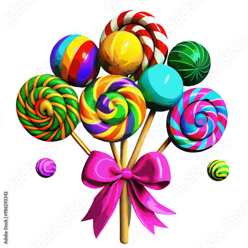 Colorful lollipops bouquet tied with pink ribbon for candy theme