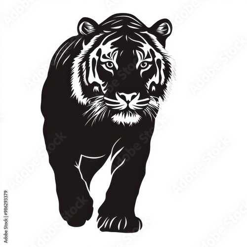 Silhouette vector illustration of a stalking tiger, on white background, 2d flat illustration, suitable for strength-themed logos, wildlife conservation efforts, and athletic branding photo