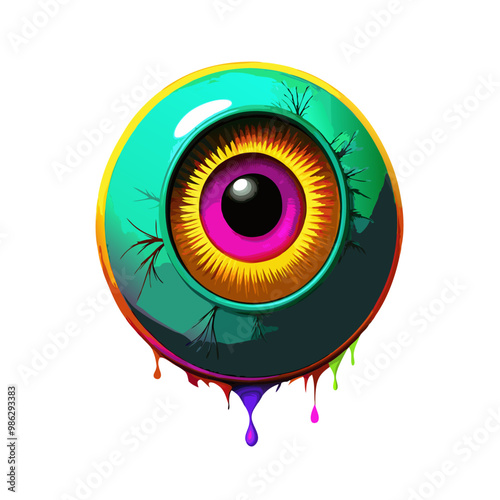 Creepy colorful eyeball with cracks, fantasy cartoon illustration