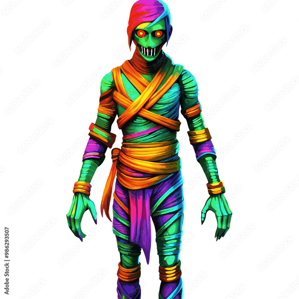 Colorful mummy with glowing eyes and vibrant bandages for Halloween Colorful mummy with glowing eyes and vibrant bandages for Halloween