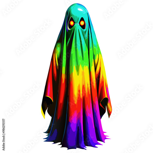 Rainbow-colored ghost with glowing eyes in eerie Halloween theme
