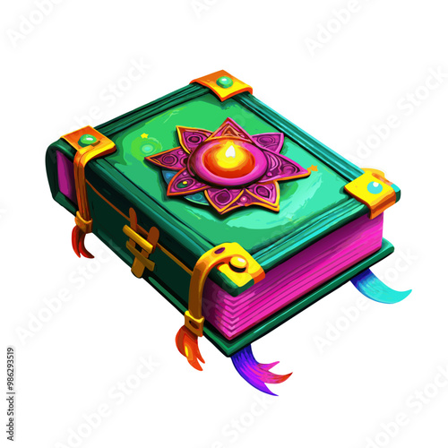 Magical spellbook with vibrant cover and enchanted decorations 