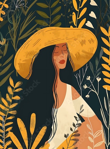 Woman with Hat in Flower Garden Illustration