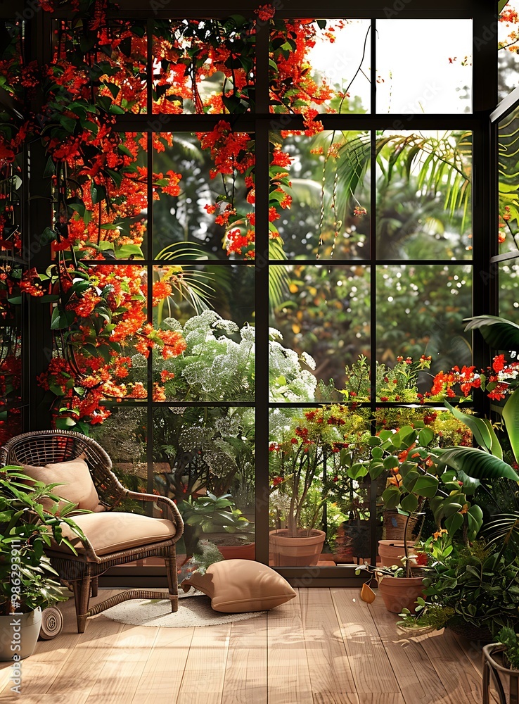 Wicker Chair Near a Window with a View of Tropical Plants