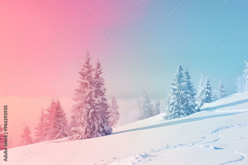 Fototapeta premium Snowy Trees on a Mountain with Pink and Blue Sky