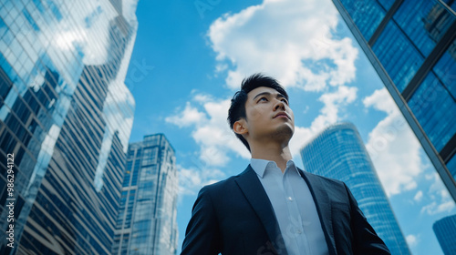 Young professional gazing upward among modern skyscrapers on a sunny day in the city