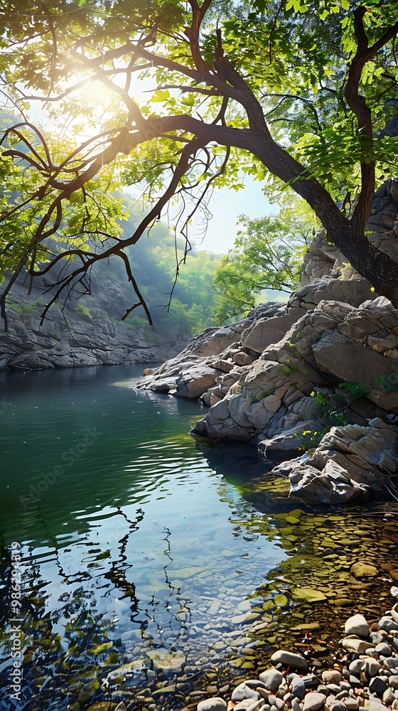 Fototapeta premium Tranquil Summer Creek with Rocks and Clear Water