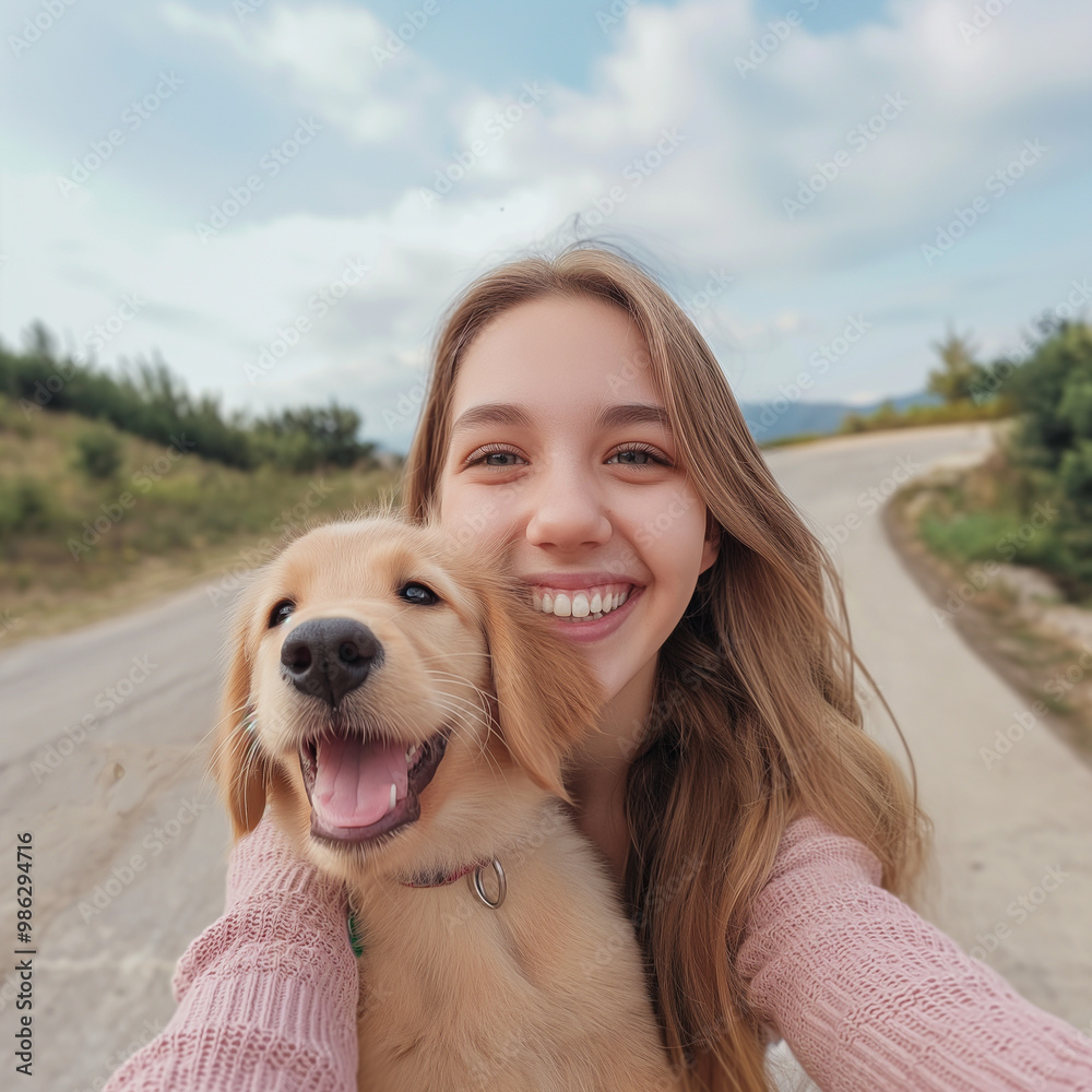 Cute lovely cheerful girl taking a selfie while playing with dog Cute lovely cheerful girl taking a selfie while playing with dog